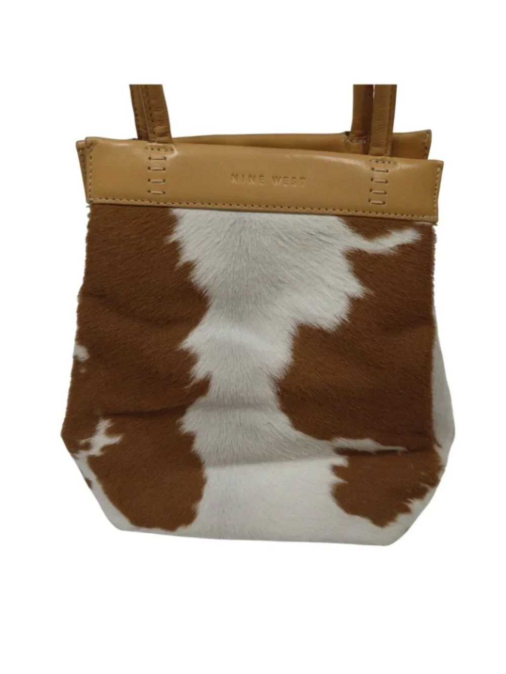 Nine West Tan Leather Brown White Cow Animal Hair Print Satchel Bucket Bag Purse